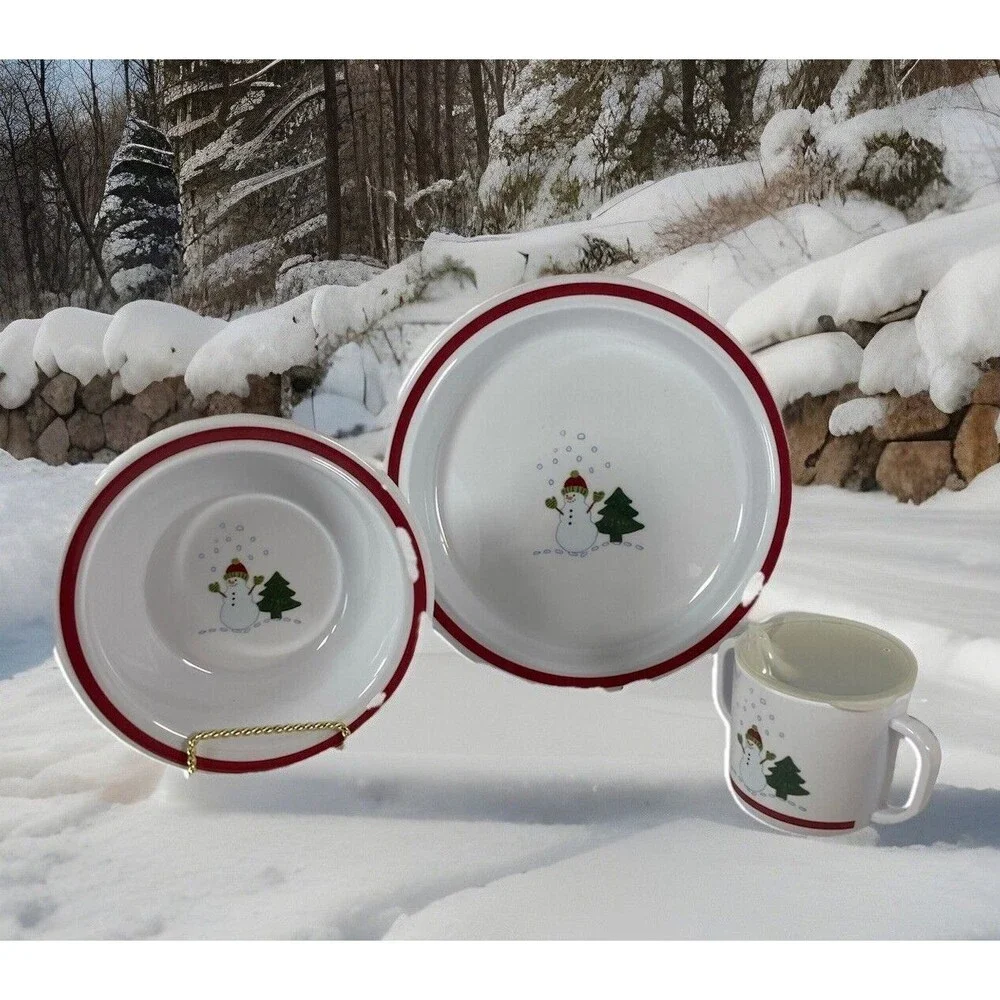Pottery Barn Kids Snowman Plate Bowl Sippy Cup Christmas Holiday Plastic In Box